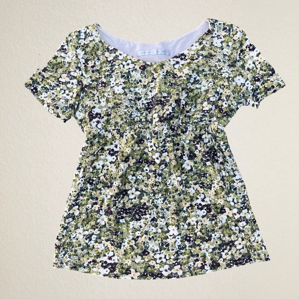 Vintage 90s green and yellow floral short sleeve blouse with cinched waist